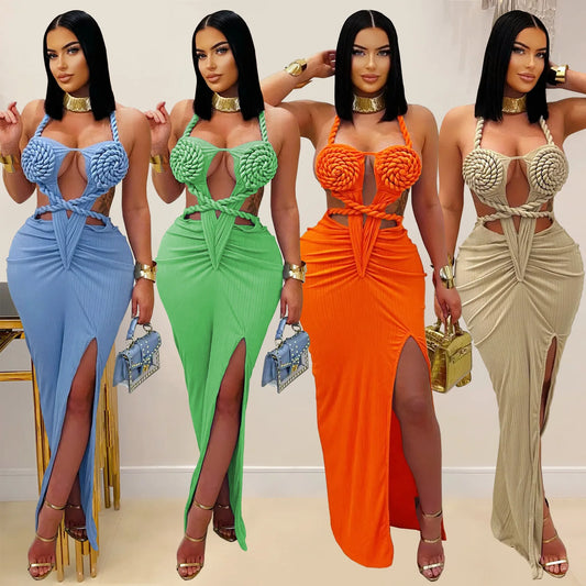 Women's Hollow Out Sleeveless Sexy Knitted Halter Neck Backless Solid Color Dress for Summer 2025