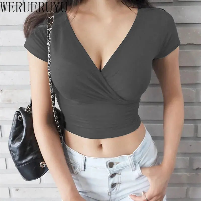 New Summer Black Sexy V-neck T-shirt Short Sleeve Y2k Crop Top Women Clothes Streetwear Korean Fashion Corset Tops Tshirts 2026