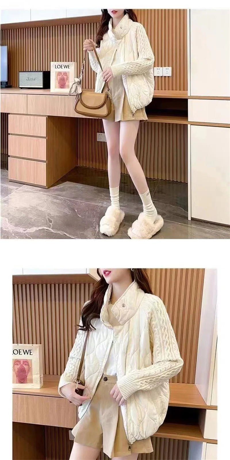 Stand Collar Sweater Sleeve Splicing Down Cotton Jacket Women Autumn Winter Warm Down Cotton Parkas 2025 New Female Fashion Coat