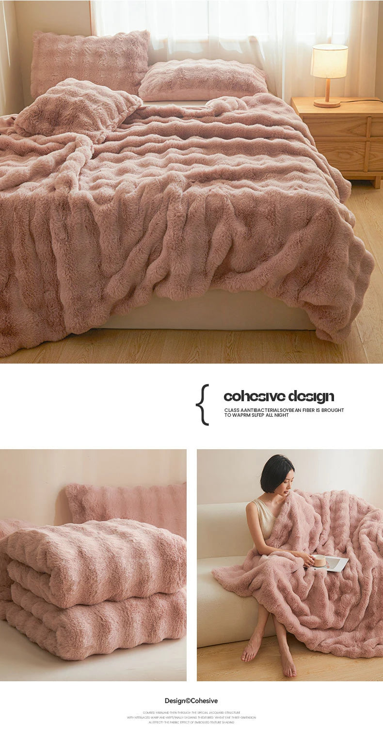 Ultra Soft Luxury Flffy Faux Rabbit Fur Blanket, Thick Winter Warm Throw Blankets, Plush Cozy Bubble Fleece Blankets Home Decor