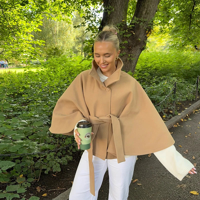 Elegant Fleece Women's Coats Solid Stand Long Sleeve Belted Lace-Up Button Jackets 2025 Autumn Winter Outerwear Female Tops