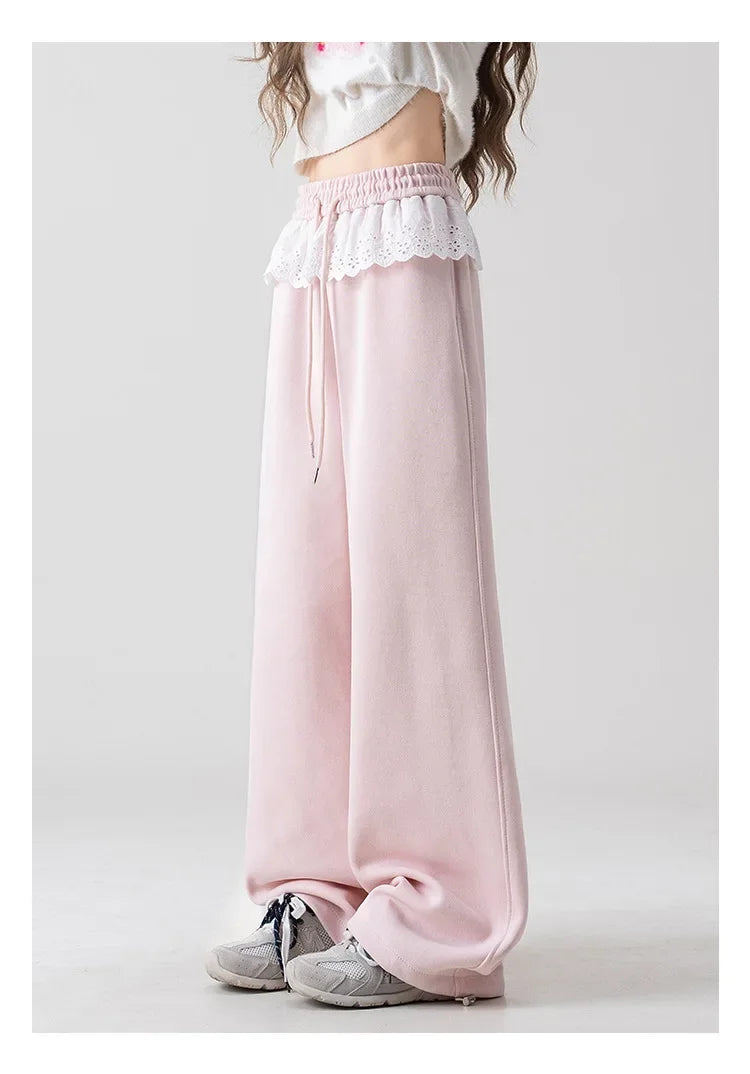 Pink Lace Splicing Design Wide Leg Pants Women's Loose Casual Sweatpants Spring New Style Slimming Effect Comfortable Fit