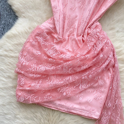 SINGREINY French Strapless Sexy Short Dress 2025 Heart Hollow Out Beading Sundress Backless Corset Lace Beach Mini Dress