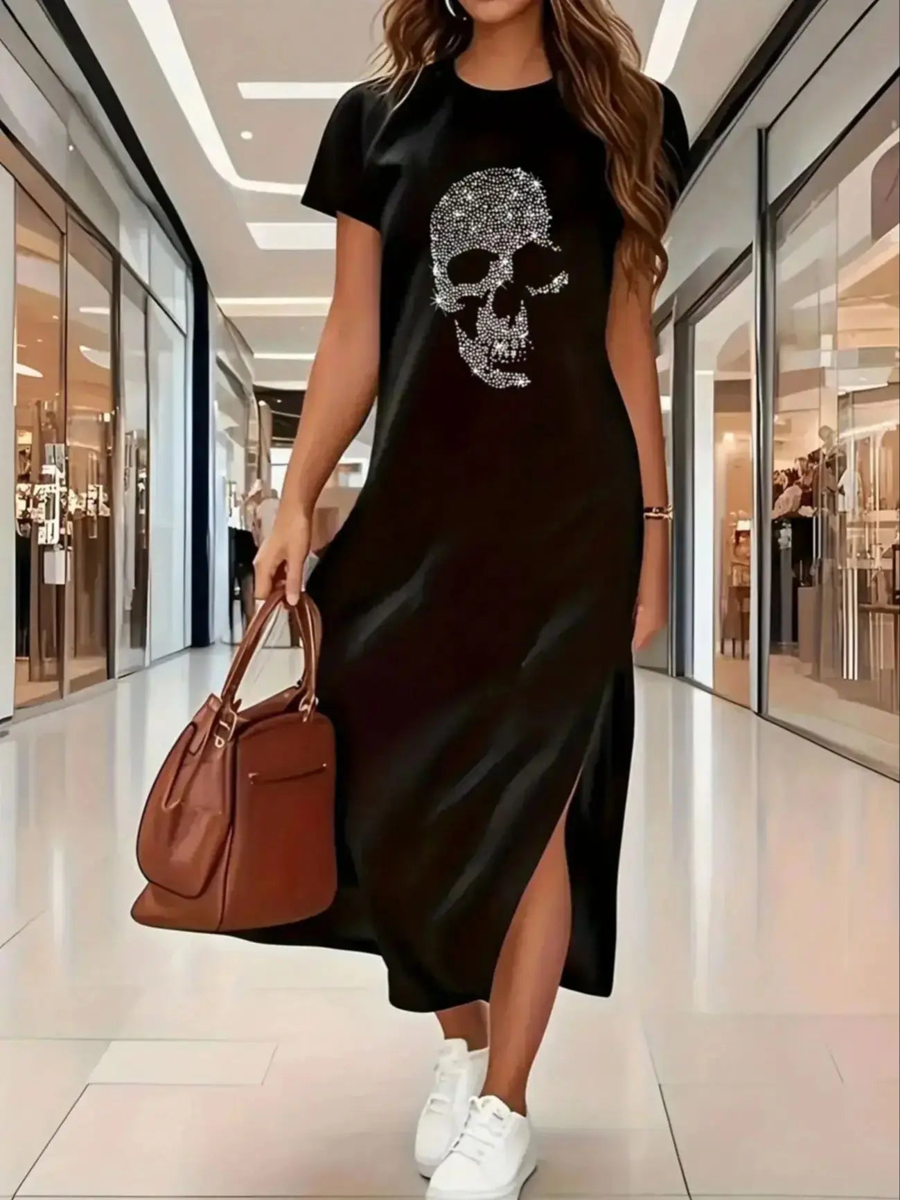 Summer women's elastic black Blessed  round neck short sleeved T-shirt dress long dress women's clothing
