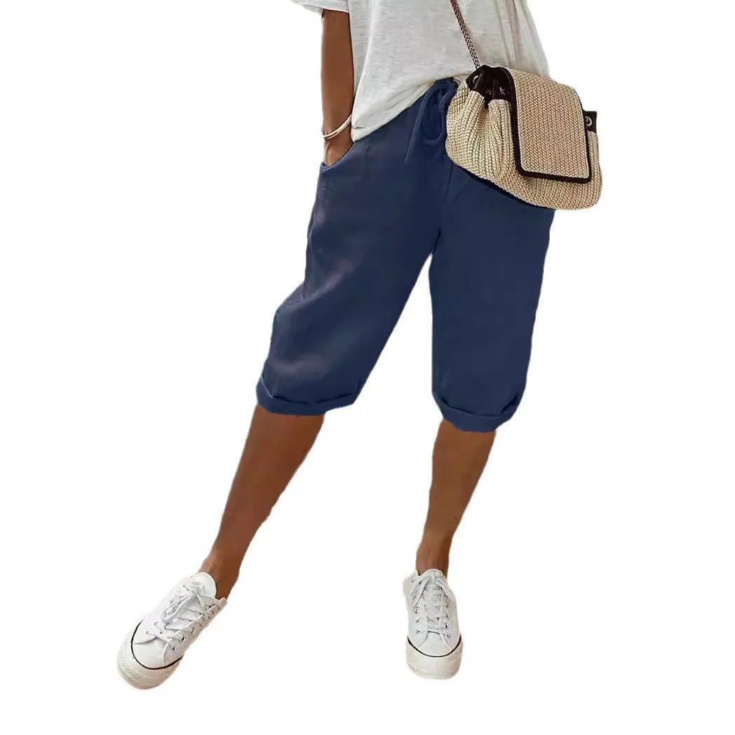 Women Cotton Linen Harem Knee Length Pants Summer High Elastic Drawstring Pocket Solid Color Shorts LRFZ-911