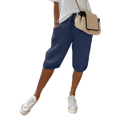 Women Cotton Linen Harem Knee Length Pants Summer High Elastic Drawstring Pocket Solid Color Shorts LRFZ-911