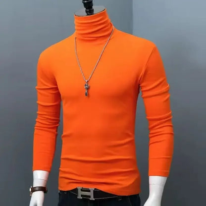 Slim Fit High Collar Long Sleeve Men's Base Shirt Inner Wear Simple Pure Color Large Size Warm Autumn Winter T-shirt Trendy Bran