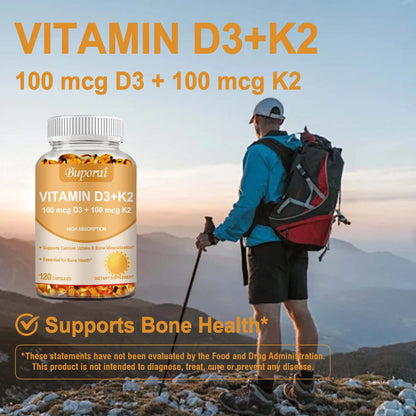 Vitamin D3 + K2 - Promote Calcium Absorption for Strong Bone, Joint, Skin, Immune, Vision and Heart Health - 120 Capsules