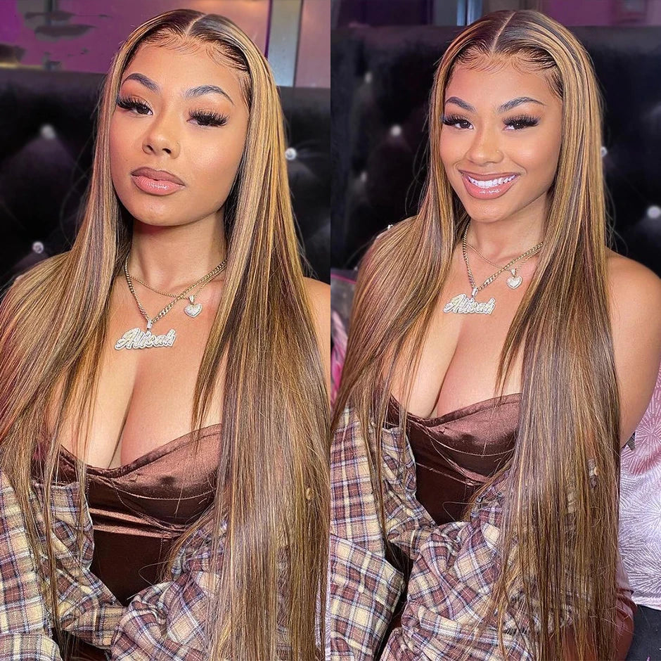 Wear And Go Glueless Human Hair Brazilian Straight Highlight Wig 4x4 HD Lace Glueless Preplucked Human Wigs Ready To Go
