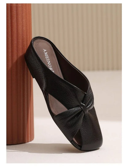 2025 Women Fashionable and Versatile Shoes Brand Slippers Casual and Comfortable Bowknot Casual Leather Slippers