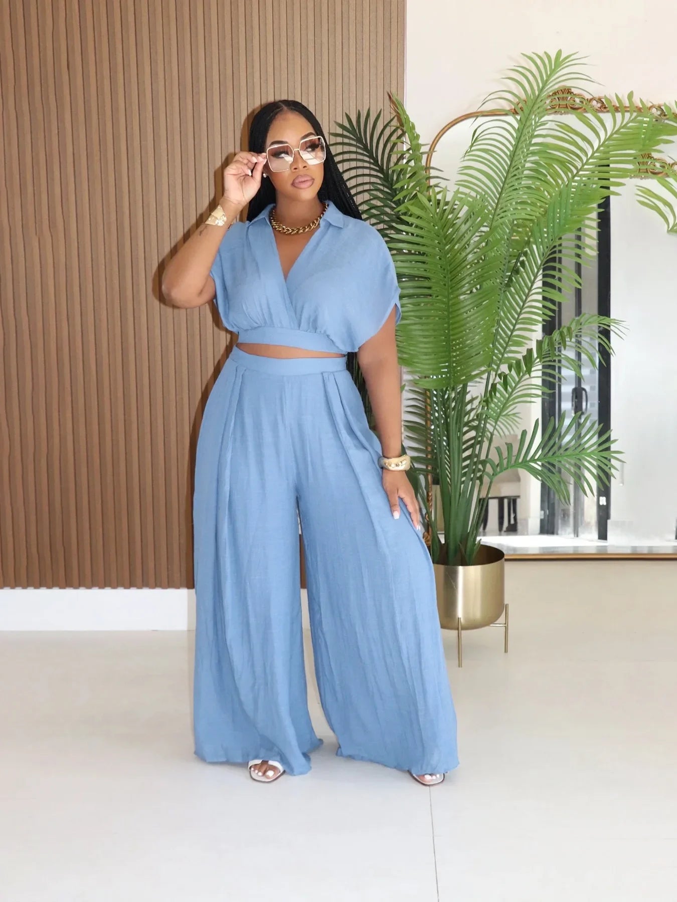 Fashion Summer Women's Set Turn Down Collar Blouse Top and Wide Leg Pants Suit 2025 Two 2 Piece Sets Outfit Tracksuit