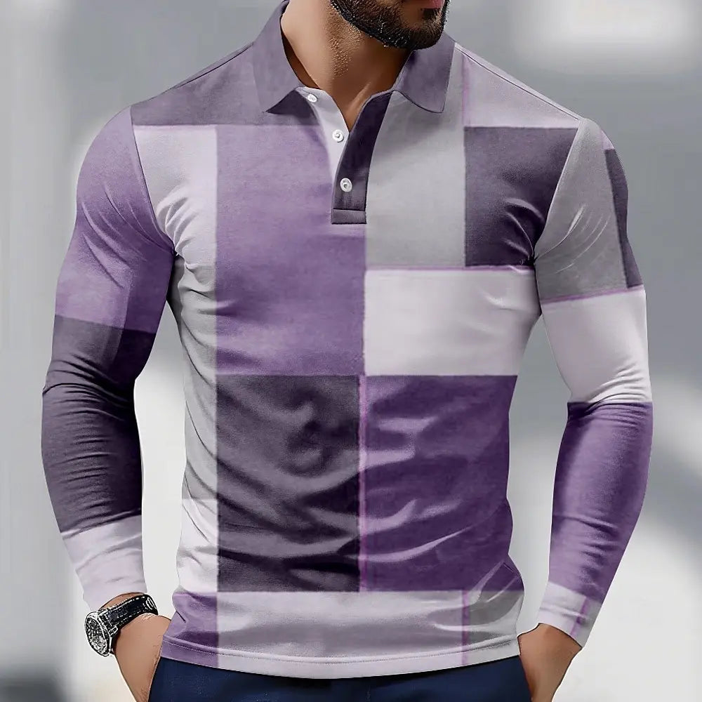 Men's Color Block Long Sleeve Polo Shirt Breathable Casual Top Slim Fit Quick Dry Classic Collar Multi Colors Men Clothing