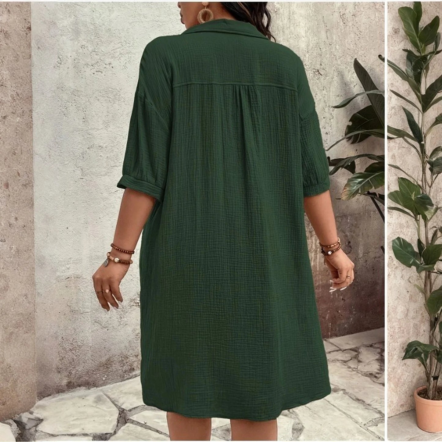 New Women'S Fashion Casual Solid Color Buttoned Mid-Length Short Sleeve Loose Dress Vestidos Para Mujer Ropa De Mujer 신상원피스