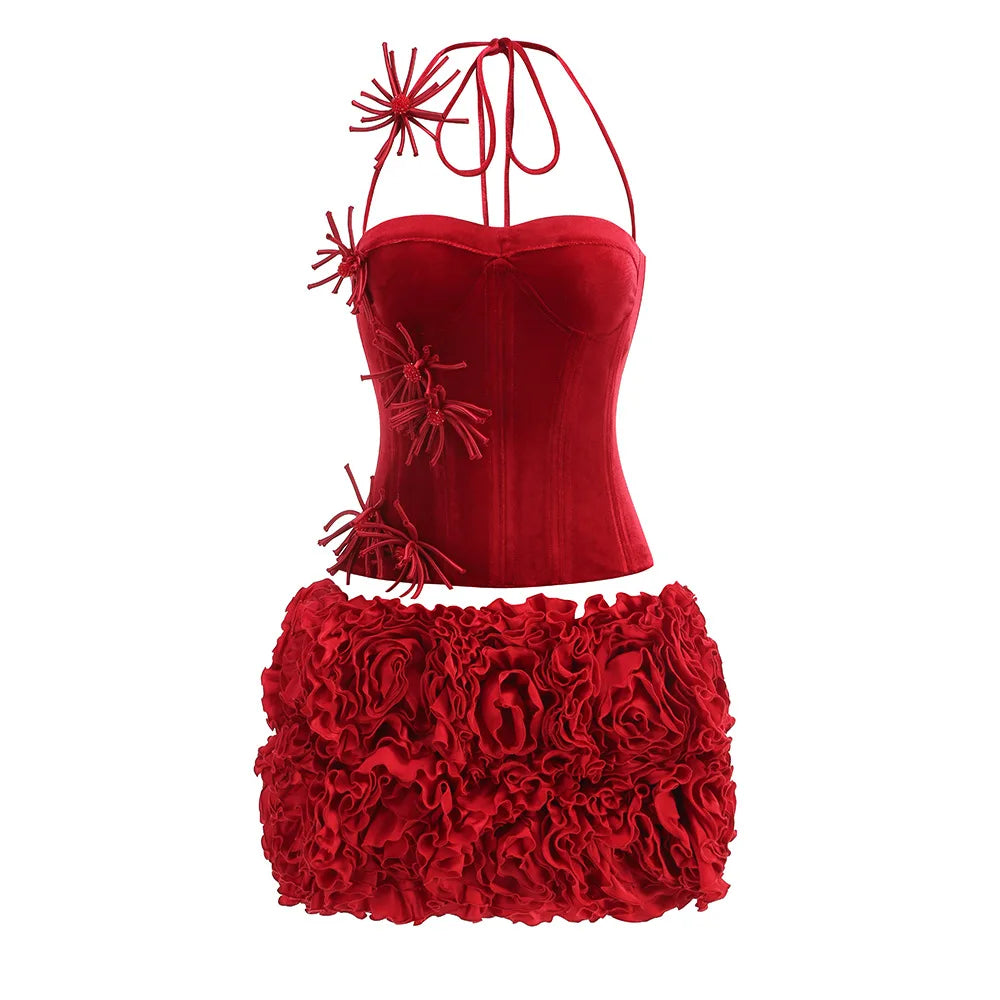 Women Sexy Party Dress Halter Laced Up Crop Top And Flowers Mini Skirt Two Piece Sets Club Evening Celebrity Outfits Wholesale