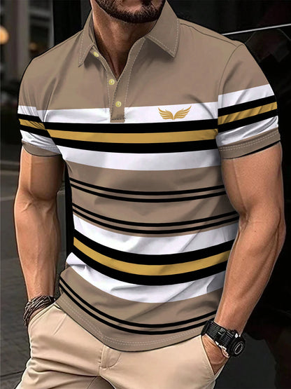 Men's Polo Shirt Summer Outdoor Casual Round Neck Short Sleeve Top Striped Printed Style OverSize T-shirt Loose Men's Clothing