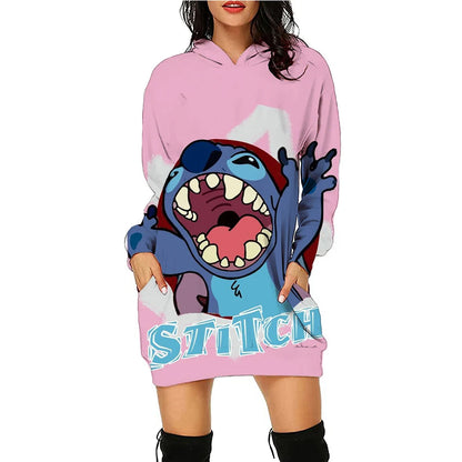 Y2k Stitch Dresses for Women 2024 Disney Woman Clothes Mini Dress With Hood Hoodie Kawaii Fashion Luxury Party Sweater Dress 3XL