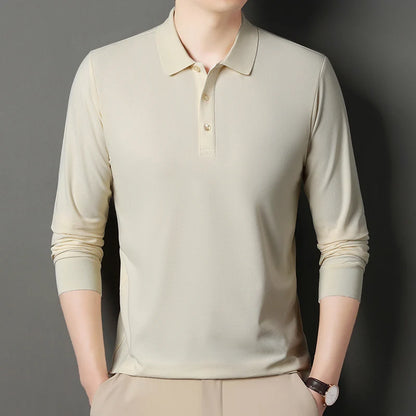 Autumn new men's long sleeved cotton polo shirt, middle-aged business, comfortable, solid color, loose men's lapel T-shirt