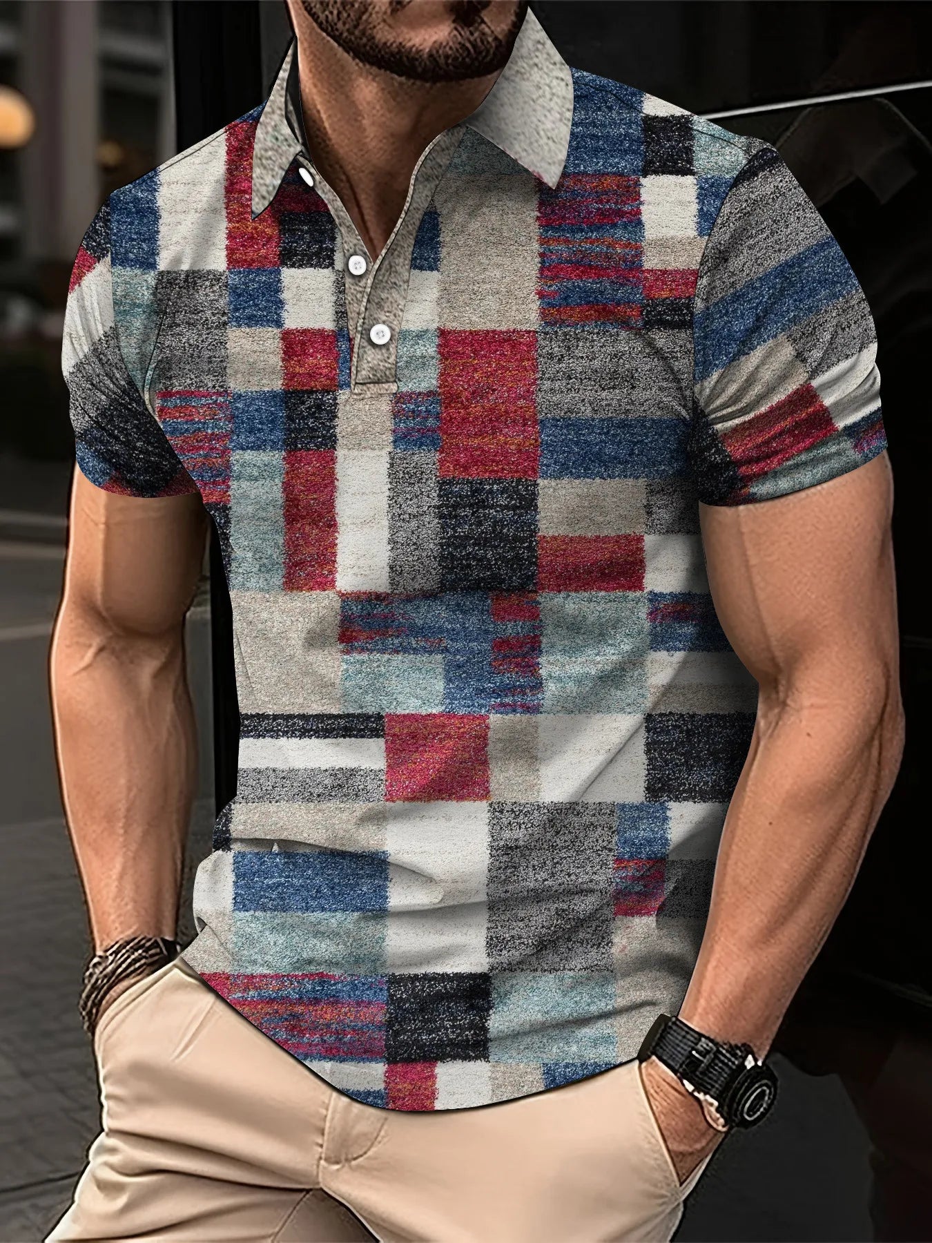 Fashion Elegant Harajuku Slim Fit Ropa Hombre Loose Casual All Match Lattice Men's POLO Shirt Printed Button Short Sleeve Tops