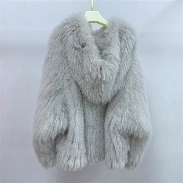 Fox Fur Coat Women's Winter Fashion Warm 100% Fox Fur Coat Hooded Long Sleeved Sweet Women's Luxury Designer Coat