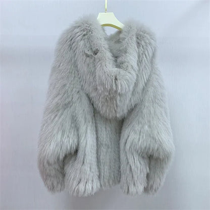 Fox Fur Coat Women's Winter Fashion Warm 100% Fox Fur Coat Hooded Long Sleeved Sweet Women's Luxury Designer Coat