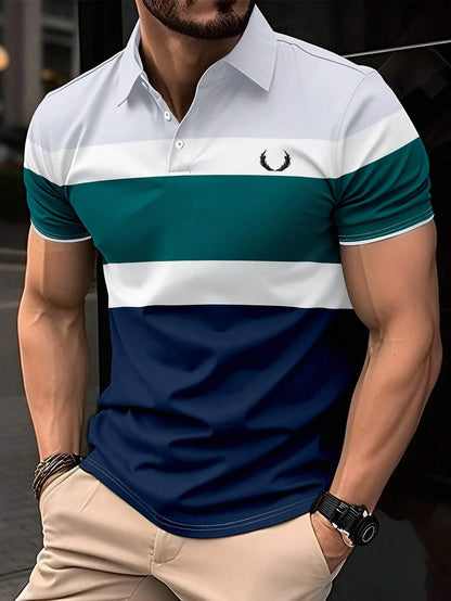 2025 New Men's Summer Short Clothes Sleeved Lapel 3D Digital Printed Striped Polo Shirt Men's Business Casual Top Clothes