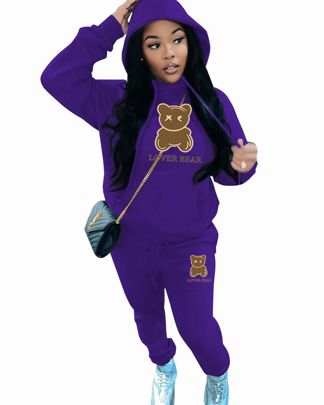 2 Piece Set Women Outfit Letter Bear Print Hooded Neck Hoodies Sweatshirt Pants Tracksuit 2024 Plus Size Streetwear Casual Suit