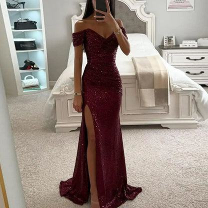 2025 Elegant Off-shoulder Gown Dress V-Neck Sequin Pleated Short Sleeve Waist Tight Maxi Dress Split Evening Party Prom Dress