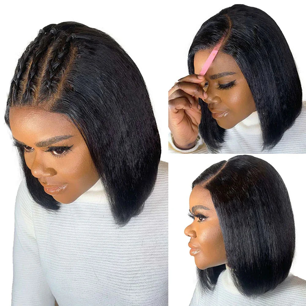 Kinky Straight Bob Wig Glueless 100% Human Raw Hair Tissage Wig HD Transparent Lace Closure Yaki Short Wig Perruques Vietnamese