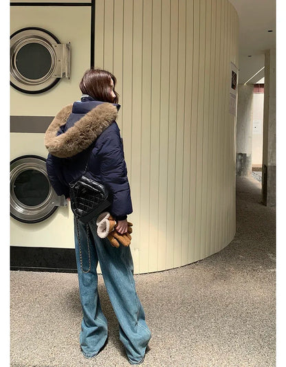 Casual Warm Fur Hooded Cropped Parkas Chic Streetwear Korean Style Down Cotton Coat Thicken Short Women's Winter 2025 Jacket