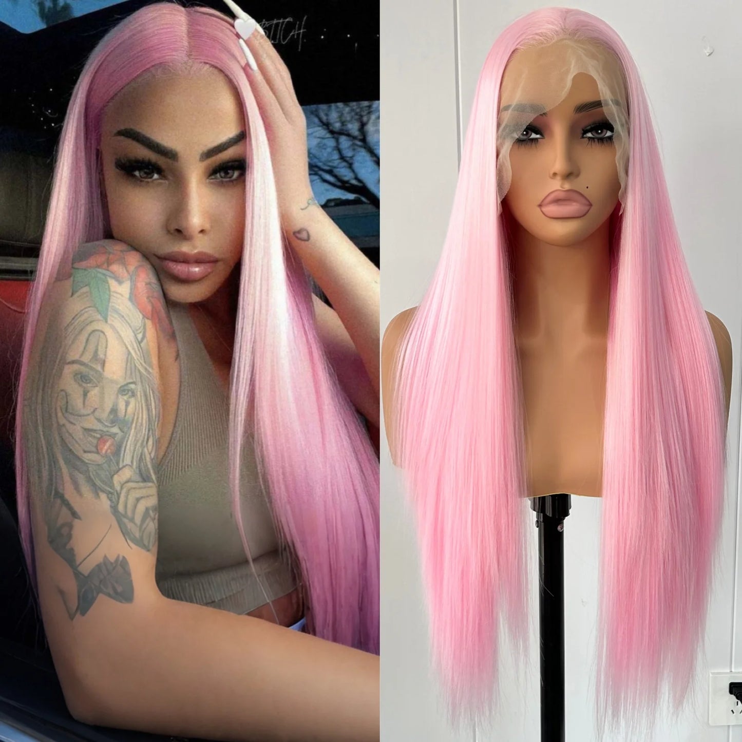 Light Pink Long Silky Straight Synthetic Lace Front Wig Free Part Pastel Pink Heat Resistant Fiber Wigs for Women Daily Party