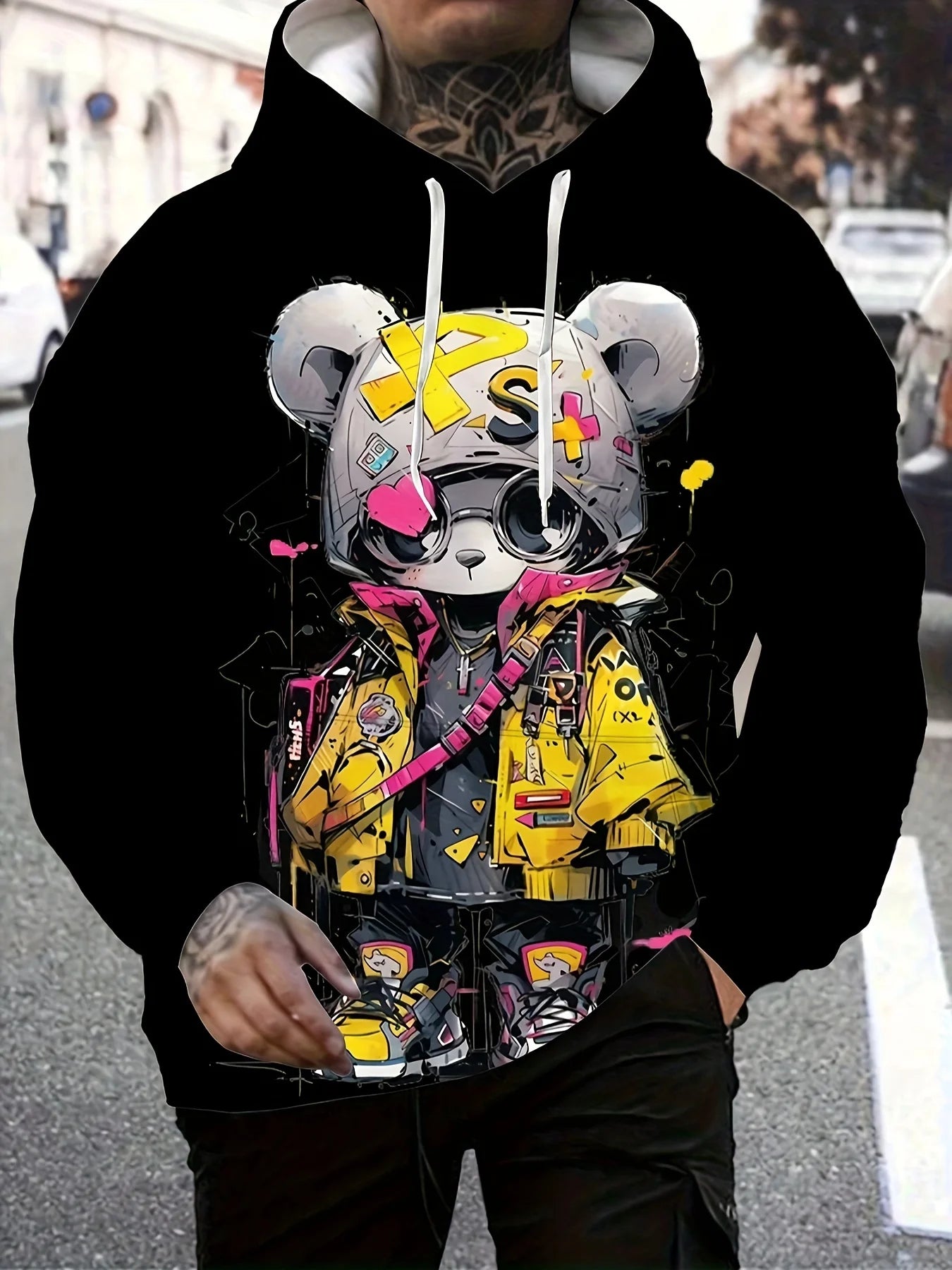 2025 New Men's Autumn Fashion Cartoon Bear Printed Soft and Comfortable Hoodie Suitable for Outdoor Street Wear