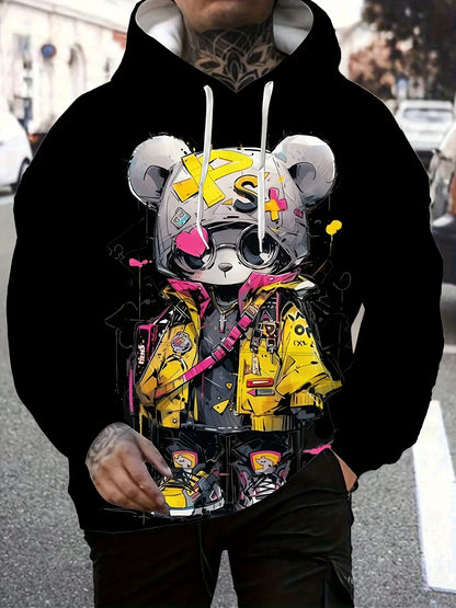 2025 New Men's Autumn Fashion Cartoon Bear Printed Soft and Comfortable Hoodie Suitable for Outdoor Street Wear