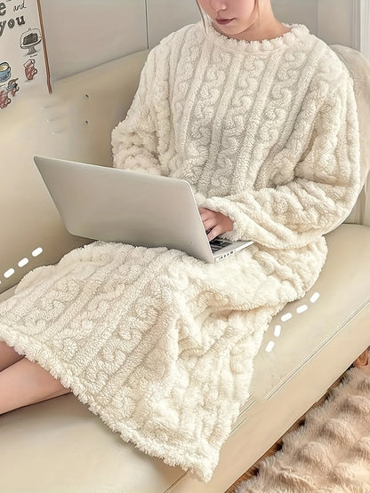 Comfortable solid-colored velvet jacquard home dress, warm and thick long-sleeved round-neck loose home garment