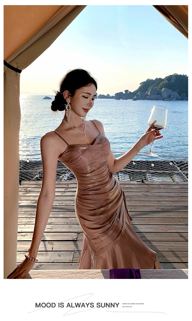 Sexy Solid Spaghetti Strap Sleeveless Evening Dresses Elegant Ruffles Party Long Dress For Women Summer Slim Beach New Vestidos