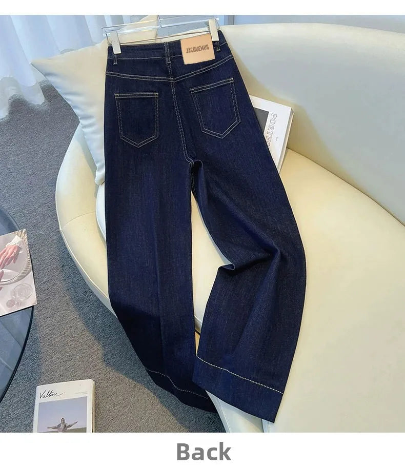Female Trousers Women Button Zipper Closure Pockets Cozy Lady Pants Stylish Navy Blue Denim High Waisted Wide Leg Casual Jeans