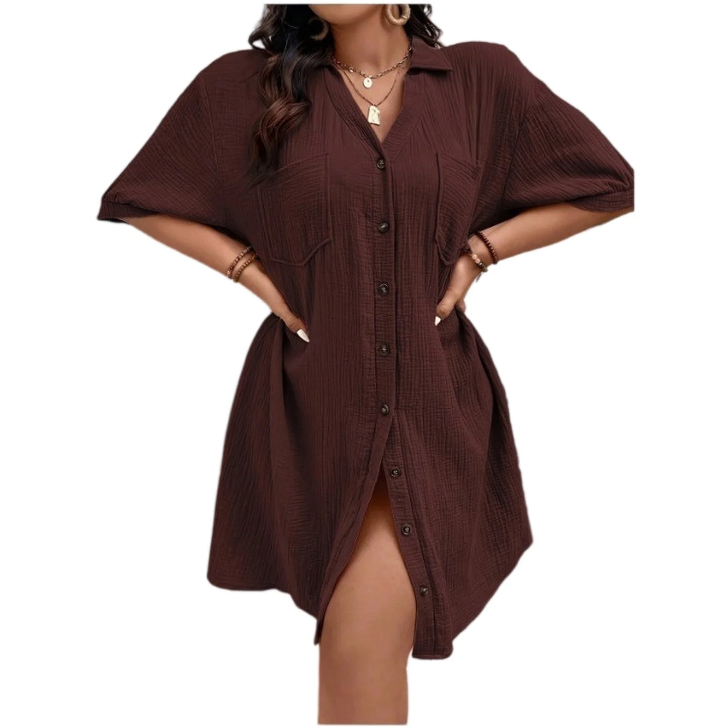 New Women'S Fashion Casual Solid Color Buttoned Mid-Length Short Sleeve Loose Dress Vestidos Para Mujer Ropa De Mujer 신상원피스