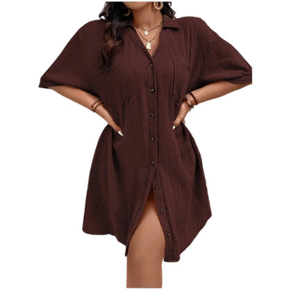 New Women'S Fashion Casual Solid Color Buttoned Mid-Length Short Sleeve Loose Dress Vestidos Para Mujer Ropa De Mujer 신상원피스