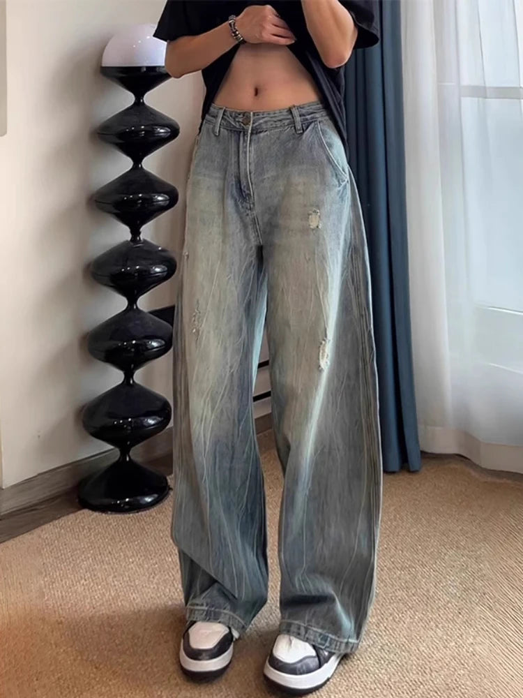 American Lightning Texture Ripped Denim Jeans Straight Leg Wide Leg Loose Fit Casual Summer Jeans for Men And Women