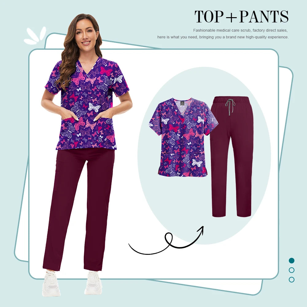 Scrubs Uniforms Sets High-quality Medical Scrub Multicolor Animal Printed Women Scrub Tops Medical Scrubs Uniform Nurse Lab Wear