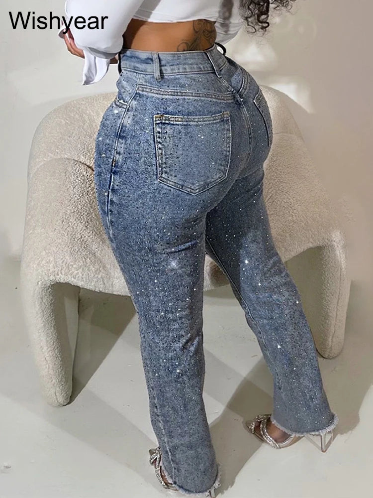 Fashion Skinny Stretch Jeans for Women Luxury Diamonds Hole Pencil Pants High Waist Washed Streetwear Y2k Streetwear Trousers