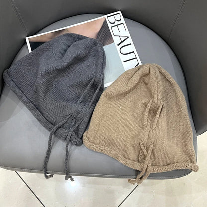 Fashion Drawstring Baggy Slouchy Beanie For Women Autumn Winter Ear Warm Skullies Cap Solid Color Bonnet Girl Kintted Woolen Hat