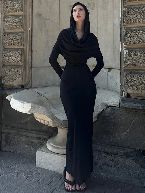 Sisterlinda Casual Hooded Long Dresses Woman Autumn Trend Swing Collar Full Sleeve Skinny High Stretch Solid Elegant Vestidos