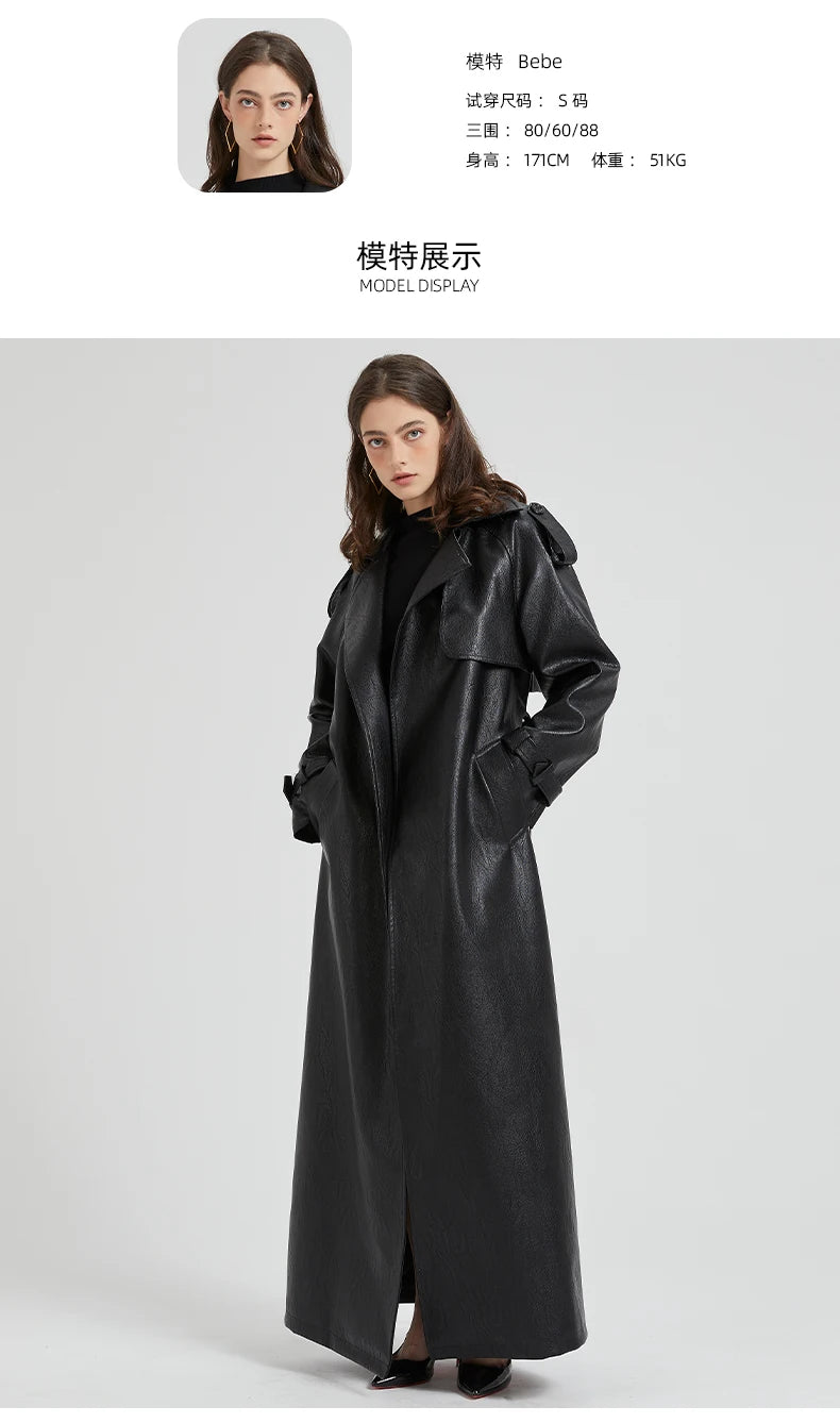 Lautaro Spring Autumn Extra Long Brown Pu Leather Trench Coat for Women Sashes Luxury Chic Overcoat Runway European Fashion 2024