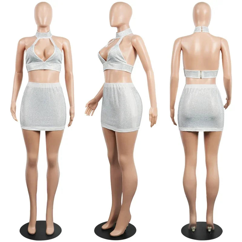 Sparkly Rhinestones Party Club Birthday Outfits for Women Two Piece Set Halter V-neck Crop Top and Mini Skirt Matching Sets