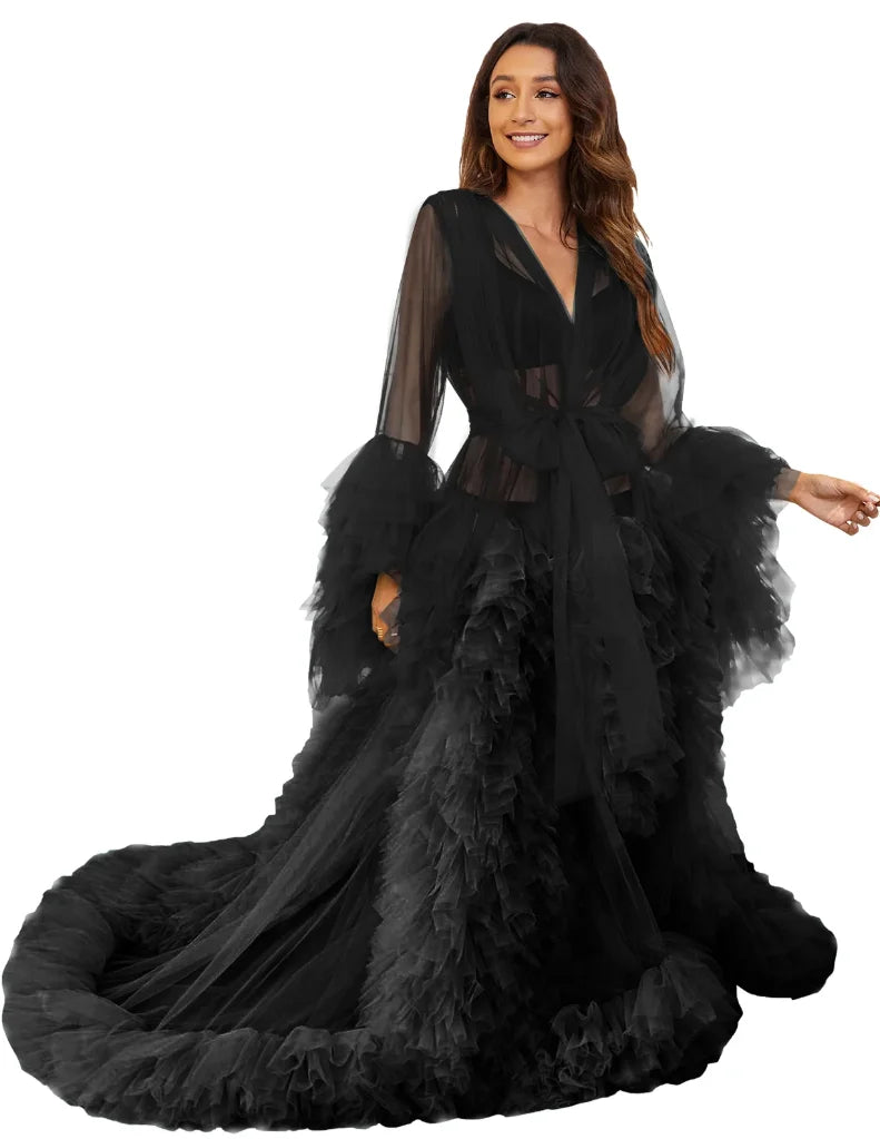 Women's Dressing Gown Perspective Sheer Long Tulle Robe Puffy Pregnancy Maternity Dress for Baby Shower Nightgown Sleepwear