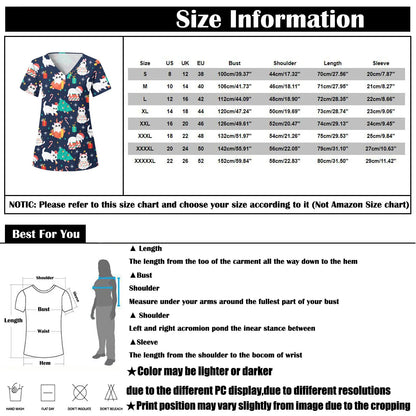 Christmas Clinical Uniform Woman Cartoon Print Uniforms Casual V-Neck Nurse Uniform Woman Tops With Pocket Scrub Tops