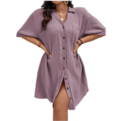 New Women'S Fashion Casual Solid Color Buttoned Mid-Length Short Sleeve Loose Dress Vestidos Para Mujer Ropa De Mujer 신상원피스