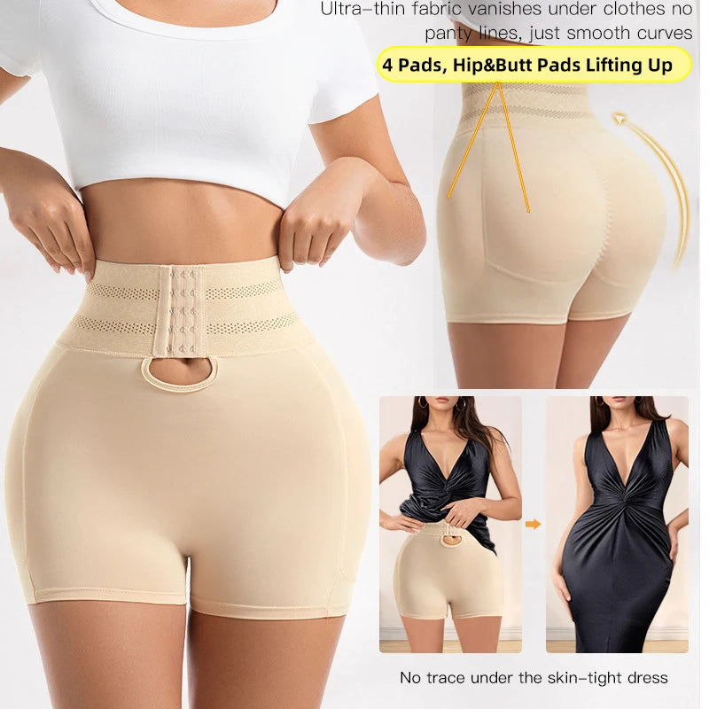Women's Padded Butt Lifter Body Shaper with 4 Sponge Pads Tummy Control Shapewear Panties with Waist Cincher and Hook Closure