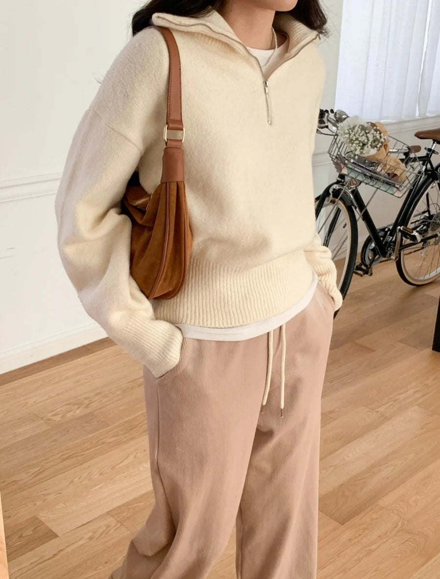 Women's Casual Loose Knitted Sweater Autumn Winter Chic Design Versatile f Zipper Stand Collar  Color Top