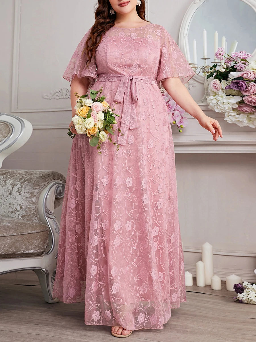 Women's Plus Size Dress Round Neck Short Sleeves Oversized  A-Line Tulle Pink High Waist Floral Lace Formal Evening Dresses